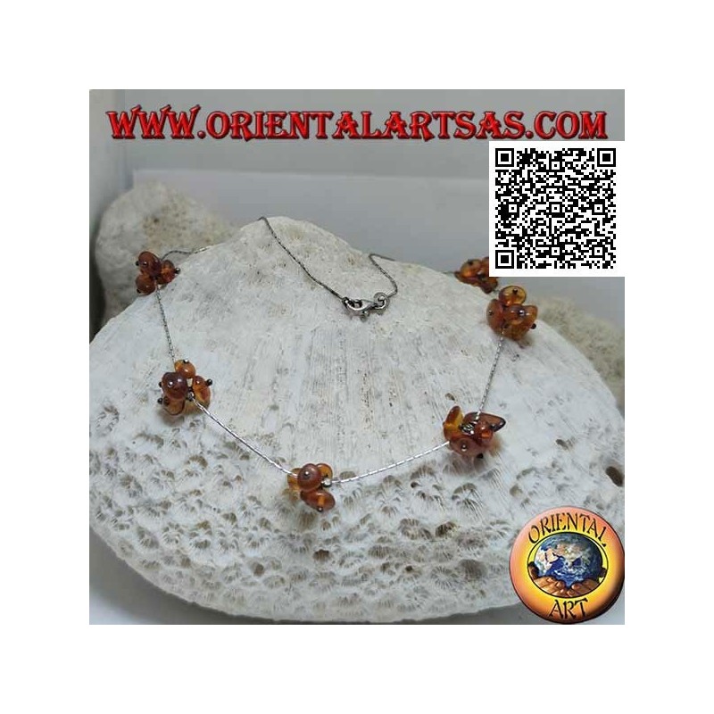 925 ‰ silver choker necklace, strung silver tubes and 6 small groups of amber