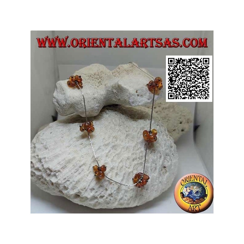 925 ‰ silver choker necklace, strung silver tubes and 6 small groups of amber