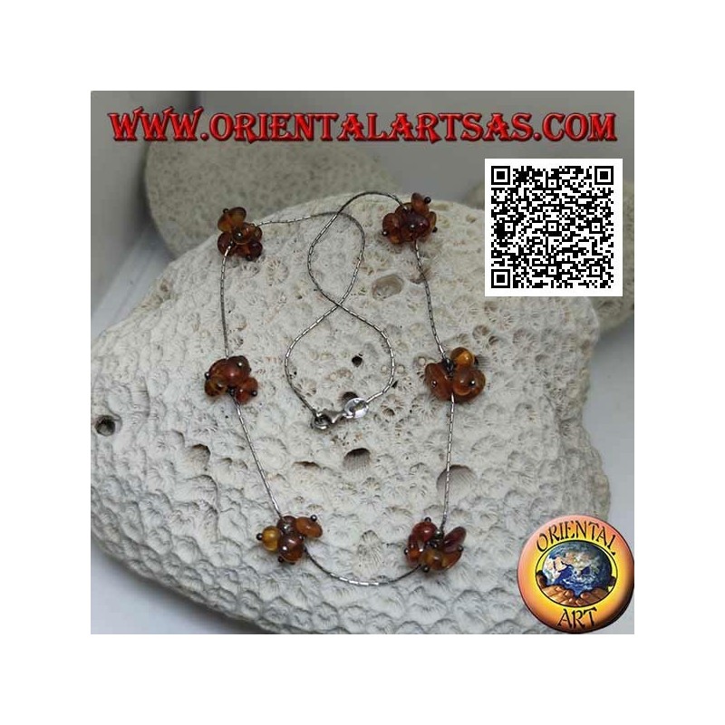 925 ‰ silberne Chokerhalskette, aufgereihte Silberröhren und 6 kleine Bernsteingruppen
