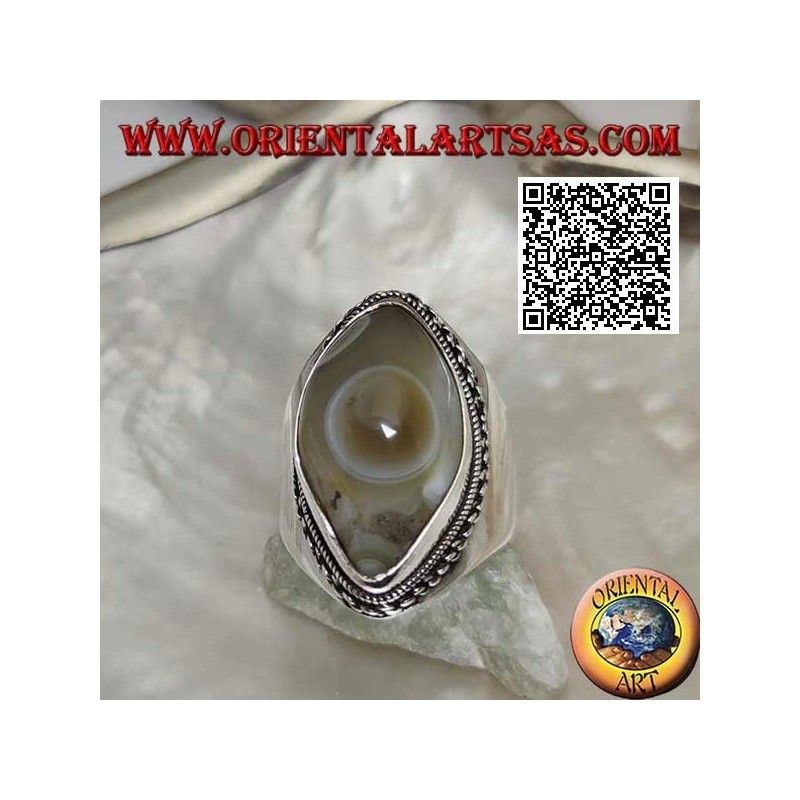 Silberner Ring mit beigem Shiva-Achat mit Shuttle und Kettenkante bei glatter Einstellung