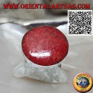 Silver ring with round red madrepora (coral) on smooth adjustable setting (freesize)