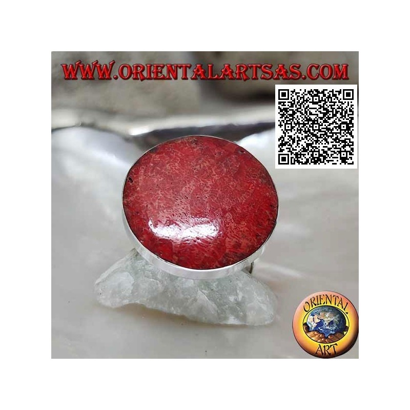 Anillo de plata con madrepora roja redonda (coral) en engaste suave ajustable (tamaño libre)