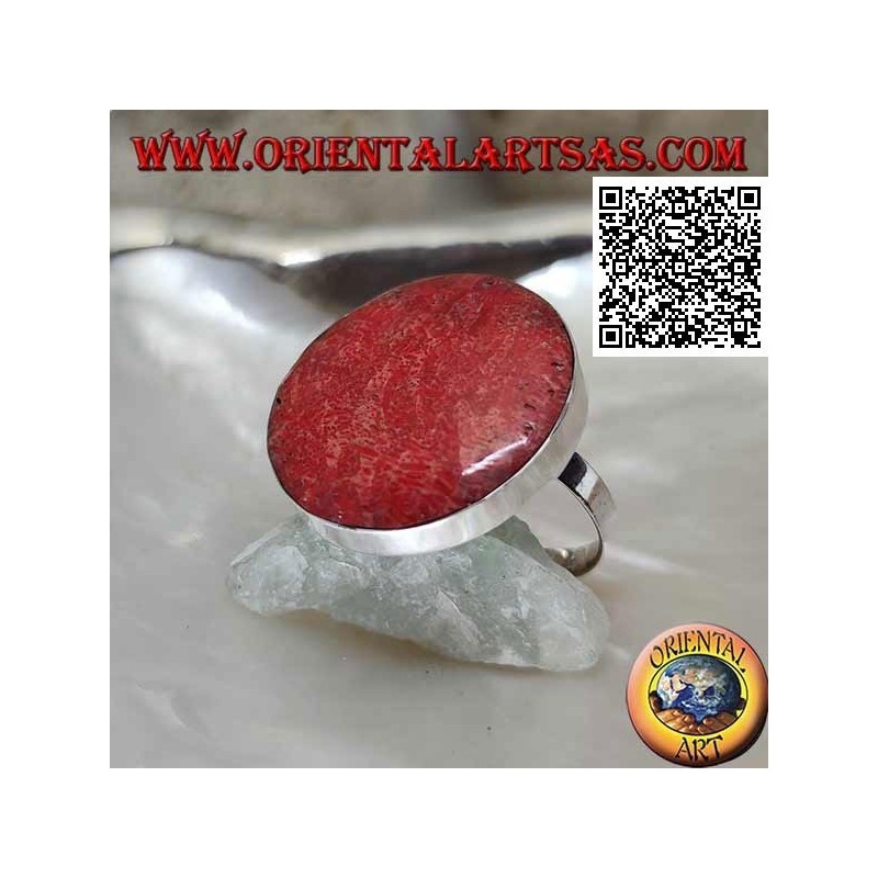 Silberring mit runder roter Madrepora (Koralle) auf glatt einstellbarer Einstellung (Freesize)
