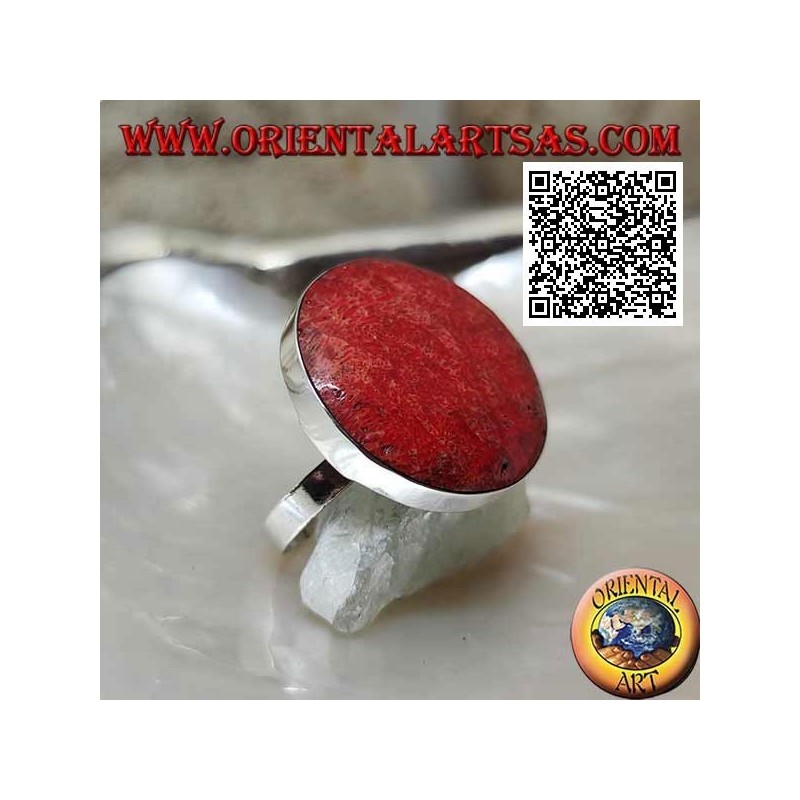 Silver ring with round red madrepora (coral) on smooth adjustable setting (freesize)