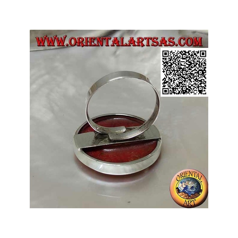 Anillo de plata con madrepora roja redonda (coral) en engaste suave ajustable (tamaño libre)