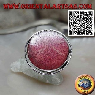 Anillo de plata con madrépora roja redonda (coral) en el disco calado ajustable (tamaño libre)