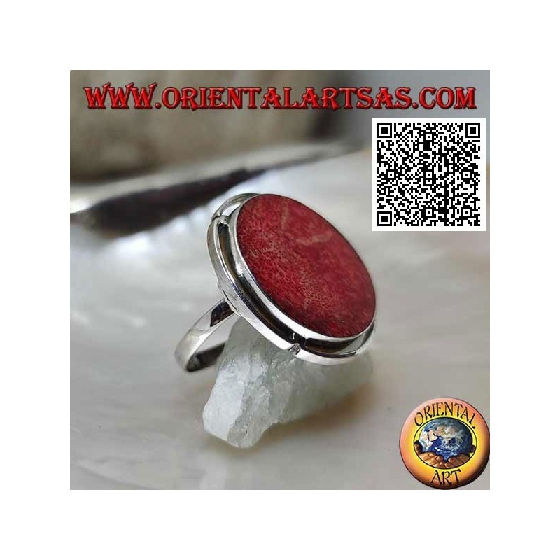 Anillo de plata con madrépora roja redonda (coral) en el disco calado ajustable (tamaño libre)