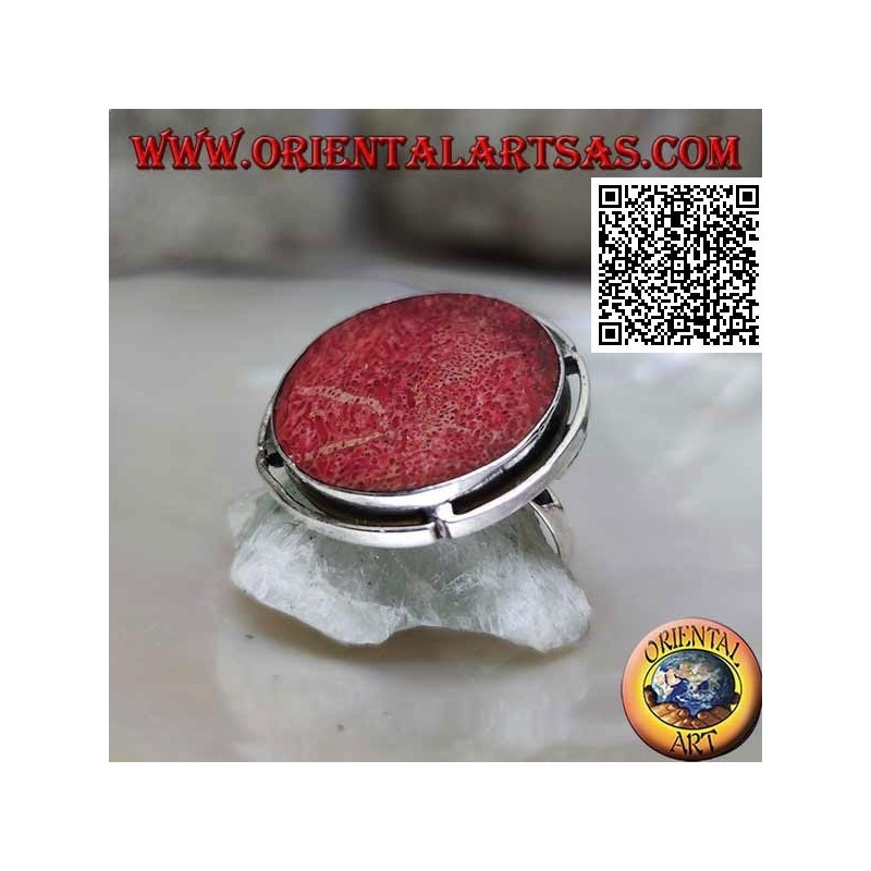 Silver ring with round red madrepora (coral) in the adjustable openwork disc (freesize)