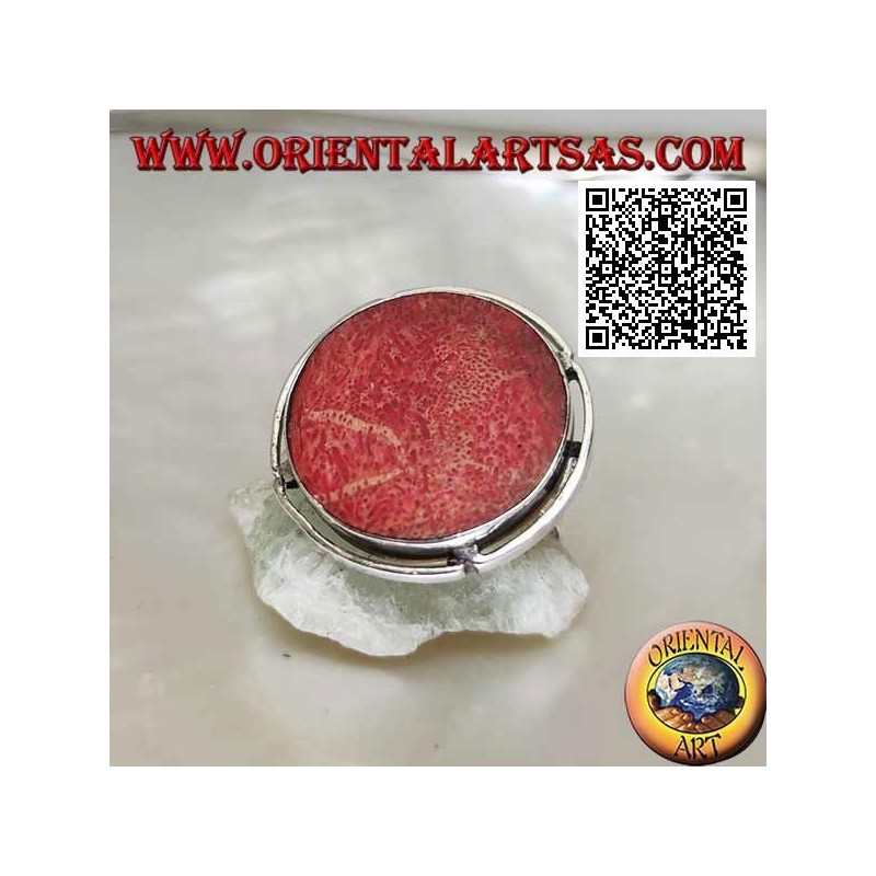 Anillo de plata con madrépora roja redonda (coral) en el disco calado ajustable (tamaño libre)