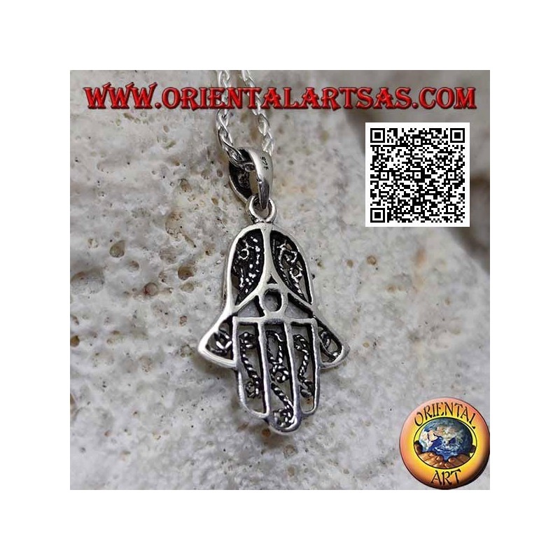 Hand of Fatima silver pendant with thin perforated internal decorations
