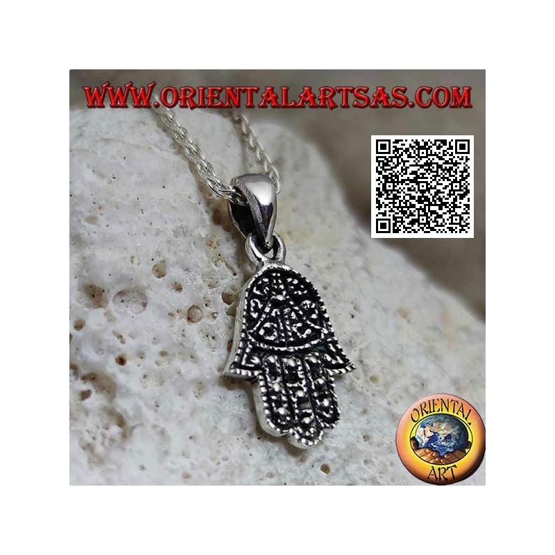 Silver pendant hand of Fatima Hamsa with bas-relief decoration