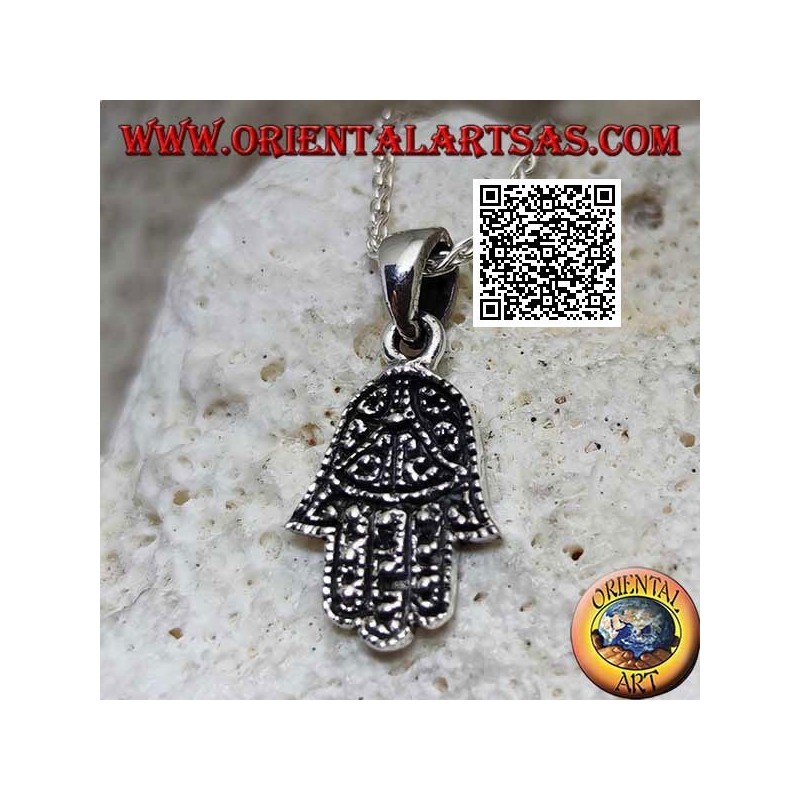 Ciondolo in argento mano di Fatima Hamsa con decorazione in bassorilievo