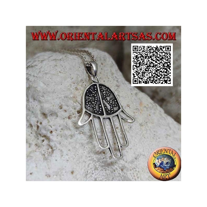 Hand of Fatima silver pendant with palm decorated in bas-relief and pierced fingers