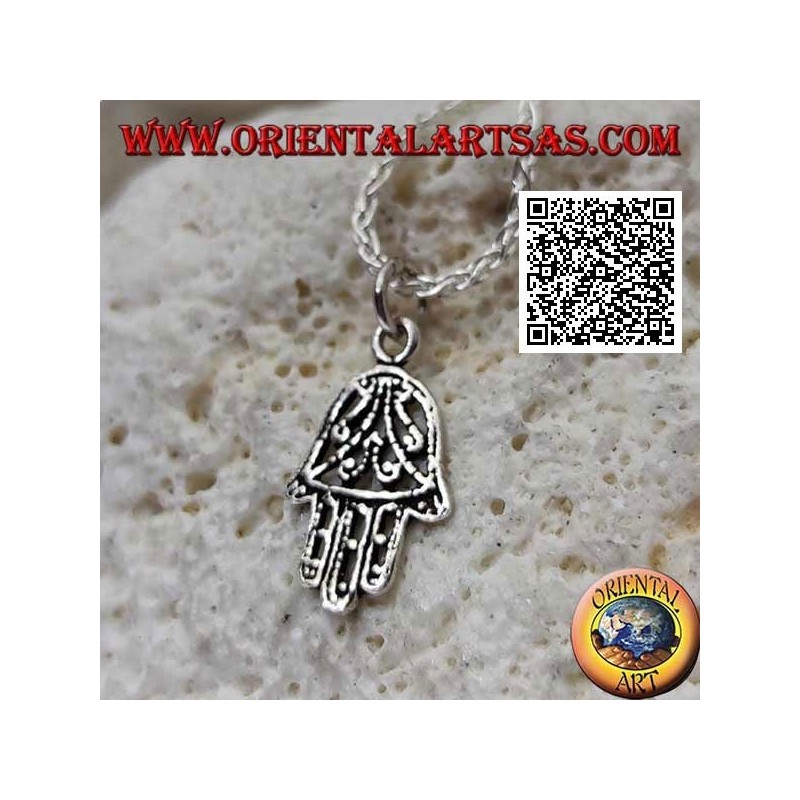 Ciondolo in argento mano di Fatima con decorazione floreali simmetrica traforata
