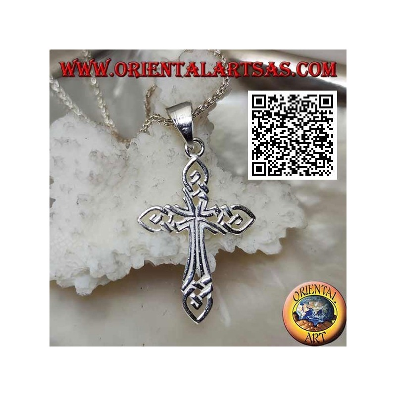 Colgante de plata cruz perforada entretejida