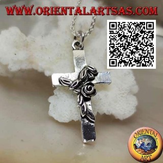 Silver Christian Latin cross pendant with twisted rose