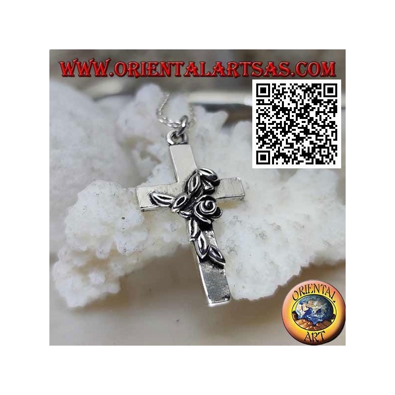 Ciondolo in argento croce di santa Rita con rosa attorcigliata