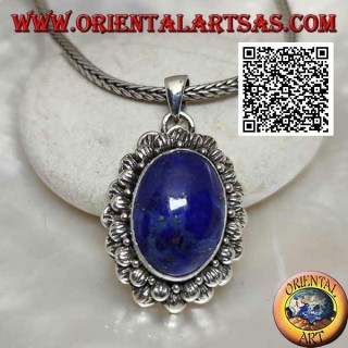 Silberanhänger mit natürlichem ovalem Cabochon Lapislazuli mit doppelter Kontur aus gestreiften Kugeln