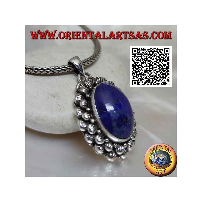Colgante de plata con lapislázuli cabujón ovalado natural con doble contorno de bolas rayadas