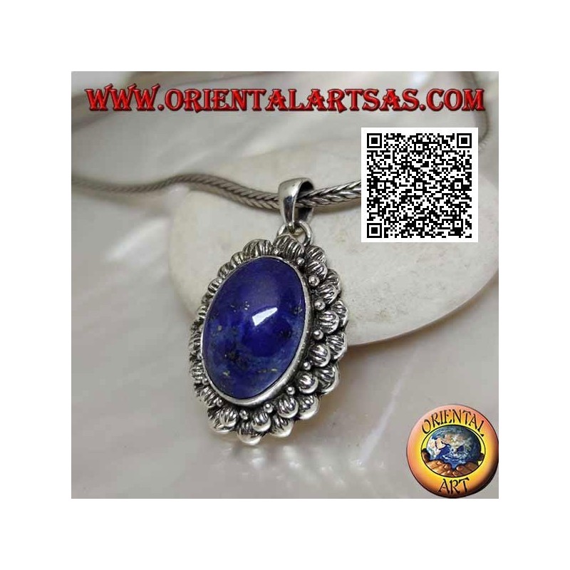 Silberanhänger mit natürlichem ovalem Cabochon Lapislazuli mit doppelter Kontur aus gestreiften Kugeln