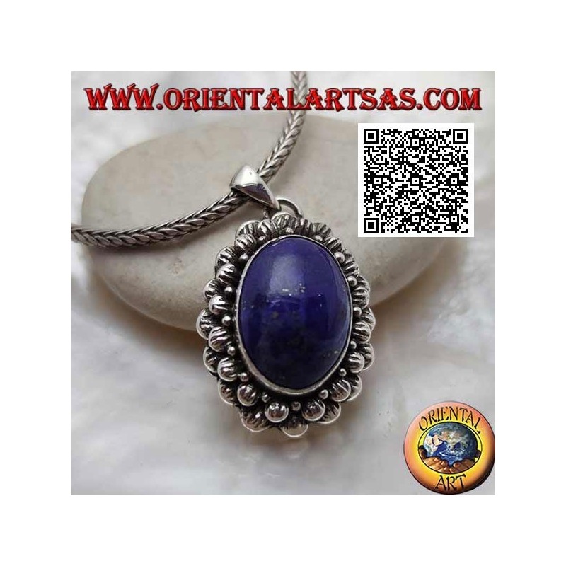 Ciondolo in argento con lapislazzulo naturale ovale cabochon con doppio contorno di palline rigate
