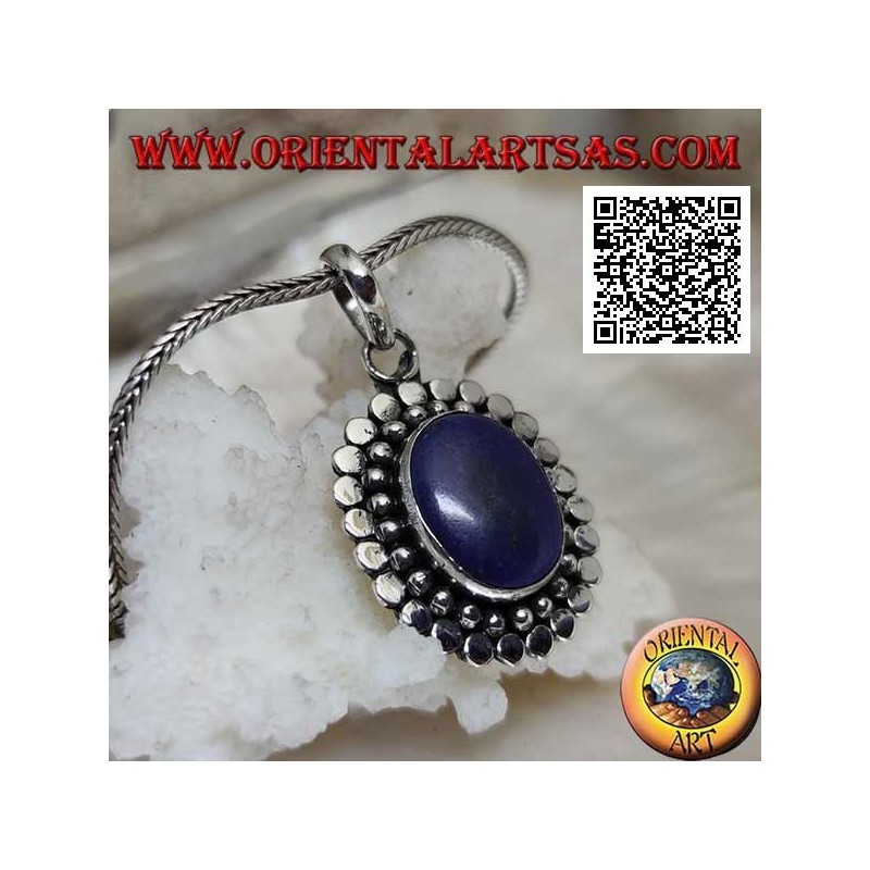 Colgante de plata con lapislázuli ovalado natural rodeado de bolas y discos (b)
