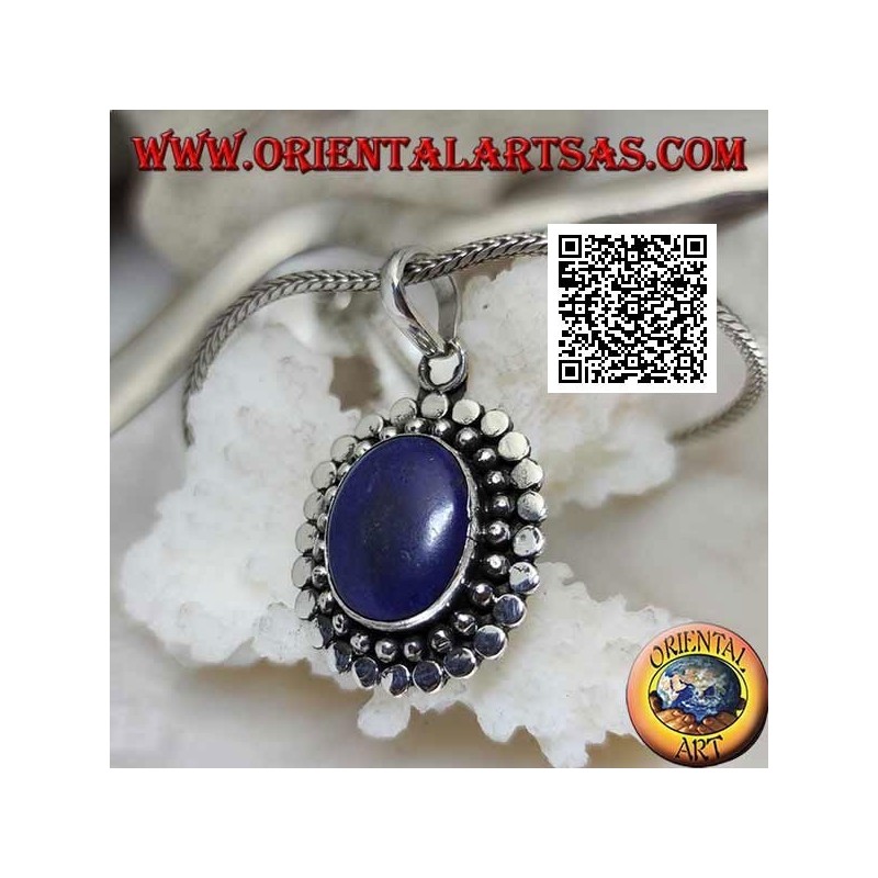 Silver pendant with natural oval lapis lazuli surrounded by balls and discs (b)