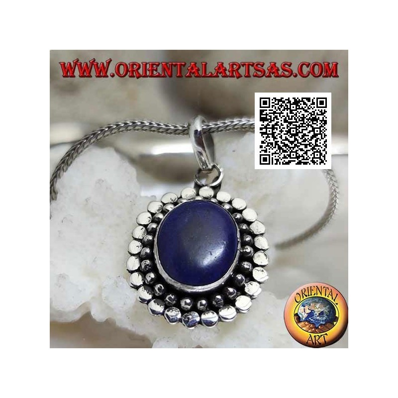 Ciondolo in argento con lapislazzulo naturale ovale contornato da palline e dischetti (b)