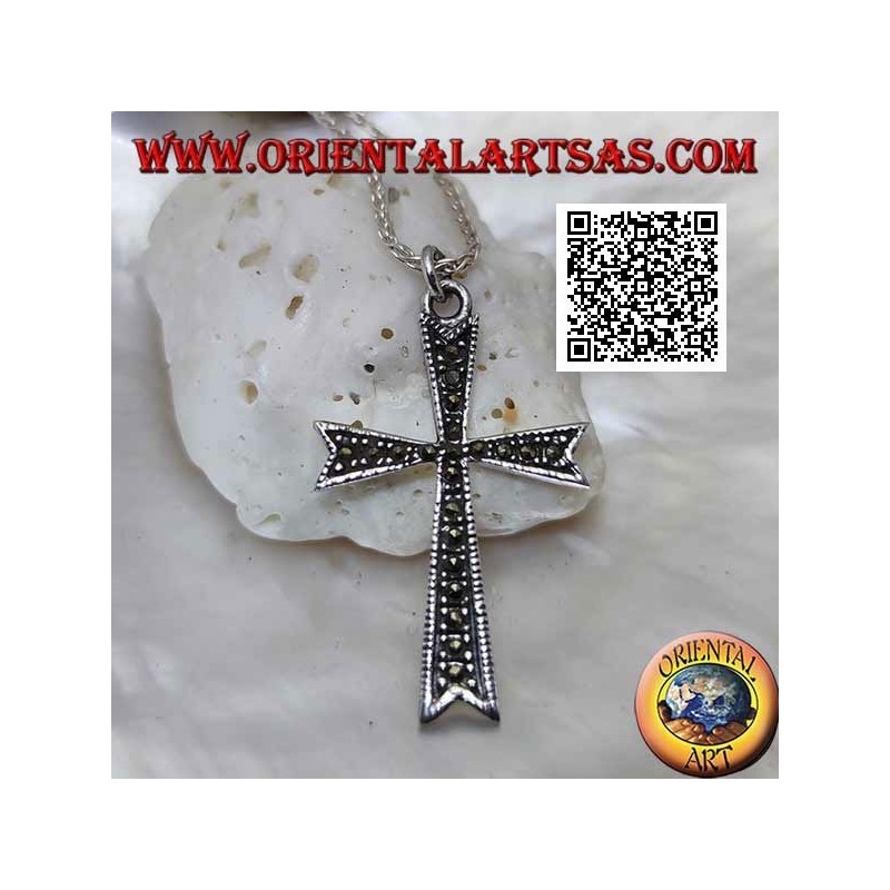 Silver eight-pointed Latin cross pendant studded with marcasite