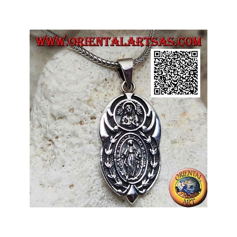 Silver pendant oval medal "apparition of the Madonna" under the "Christ with crown radiata del Sol Invictus"