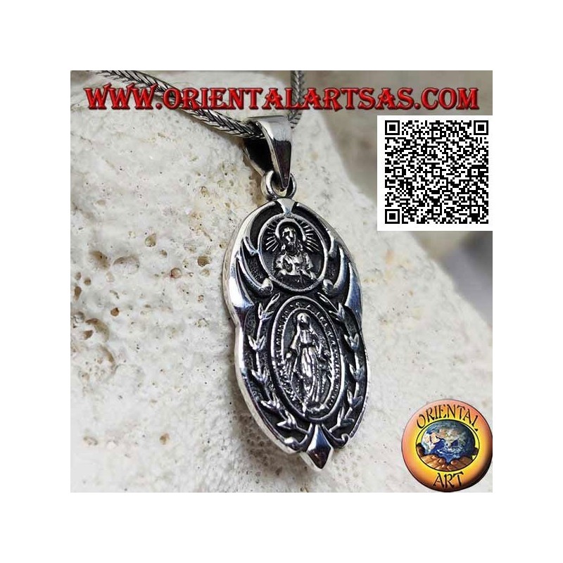 Ciondolo in argento medaglia ovale "apparizione della Madonna" sotto il "Cristo con corona radiata del Sol Invictus"
