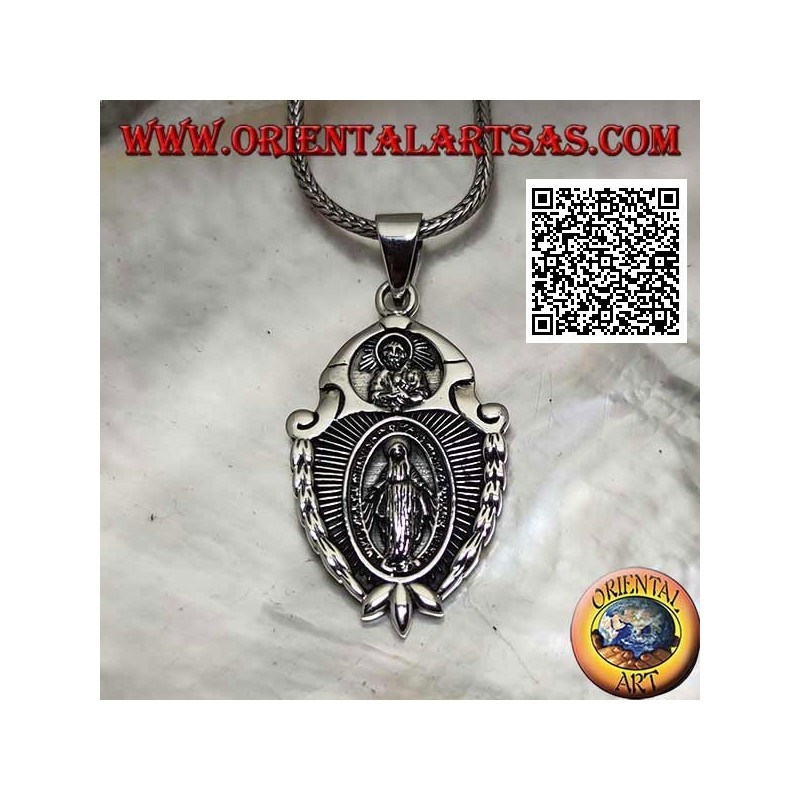 Ciondolo in argento medaglia scudo "apparizione della Madonna" sotto il "Cristo con corona radiata del Sol Invictus"