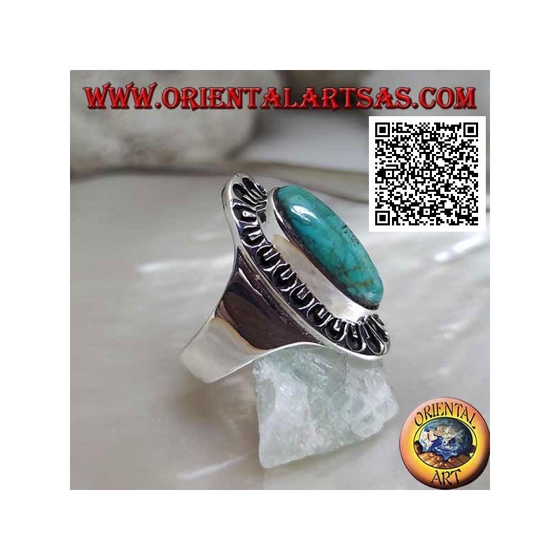 Silver ring with antique Tibetan turquoise elongated oval surrounded by engraved decoration