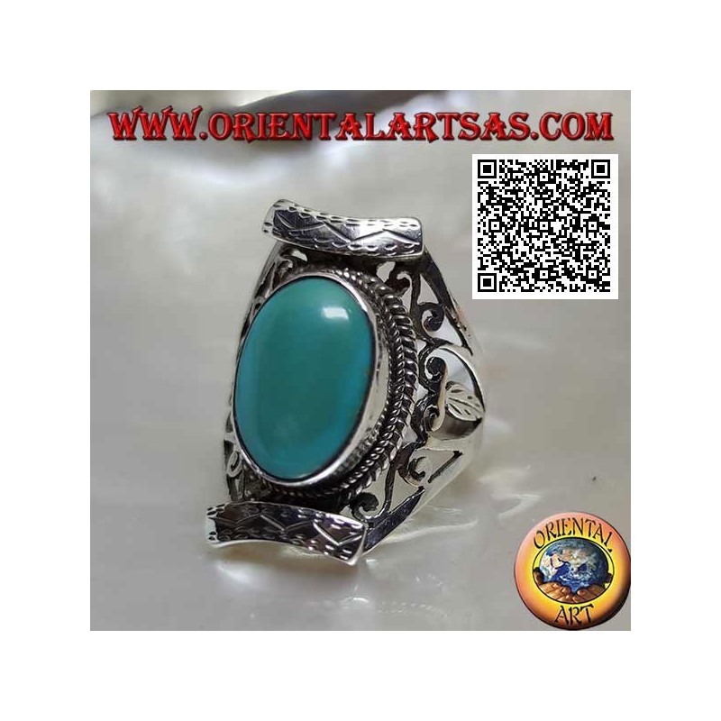 Silver ring with antique oval Tibetan turquoise in Nepalese setting with openwork on the sides