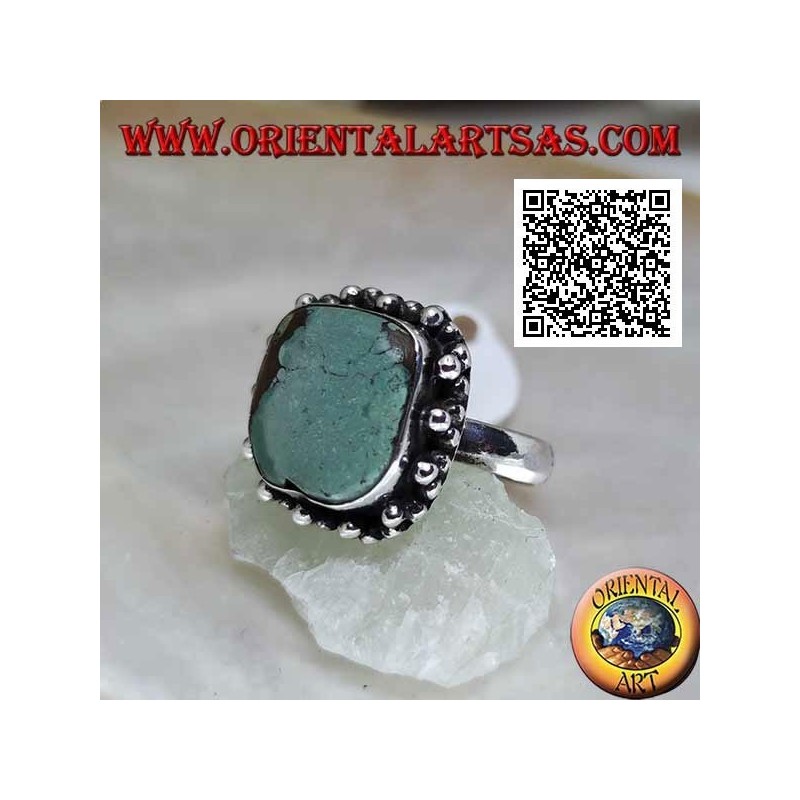 Silver ring with antique Tibetan turquoise square beveled surrounded by balls