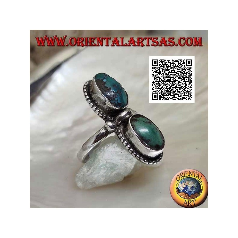 Silver ring with antique Tibetan turquoise oval specular surrounded by dots