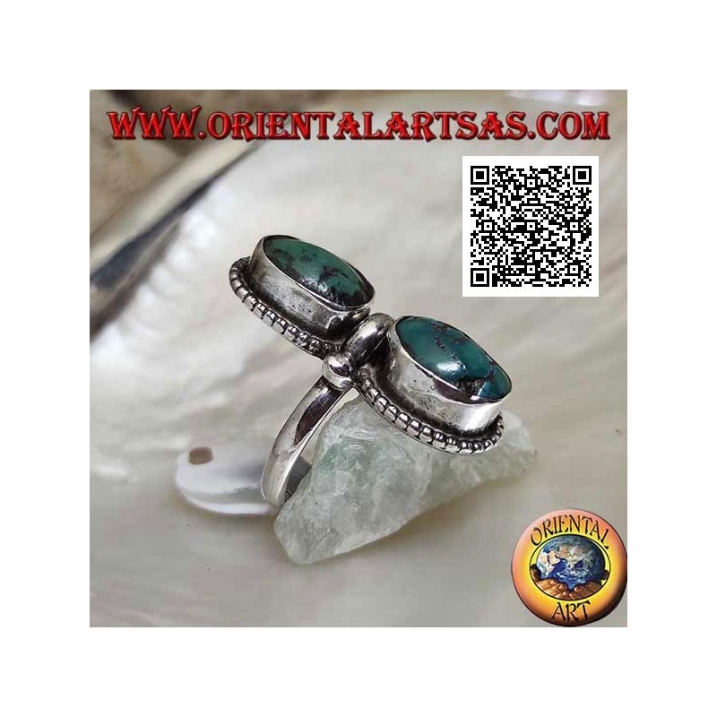 Silver ring with antique Tibetan turquoise oval specular surrounded by dots