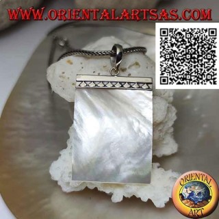 Flat rectangular mother-of-pearl pendant attached to a silver plate with triangles