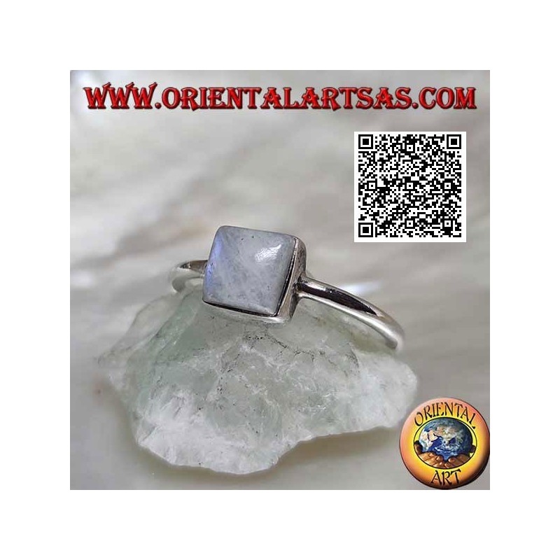 Silver ring with a square blue fluorescence white labradorite in a smooth setting