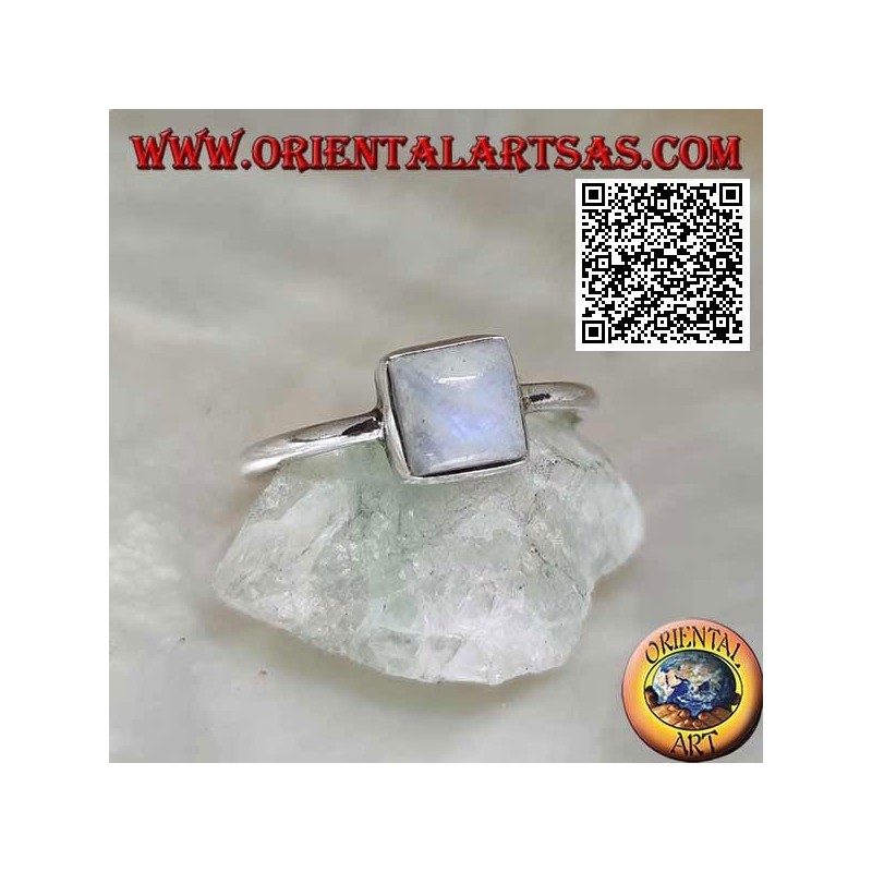 Silver ring with a square blue fluorescence white labradorite in a smooth setting