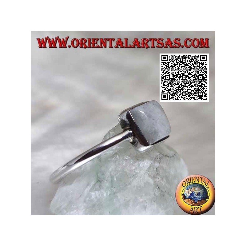 Silver ring with a square blue fluorescence white labradorite in a smooth setting