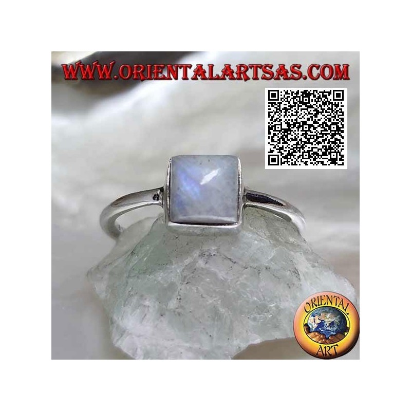 Silver ring with a square blue fluorescence white labradorite in a smooth setting
