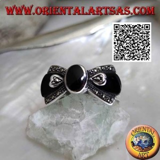 Noeud papillon en argent avec onyx ovale central et onyx et marcssite sur les côtés