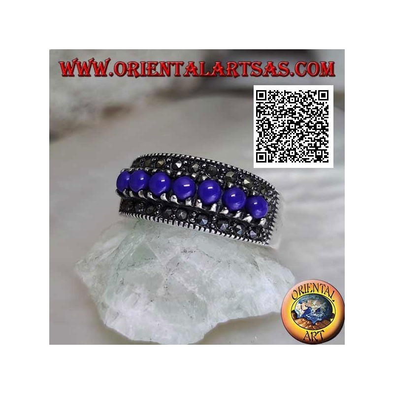 Anello in argento con fila di palline di lapislazzulo incastonate contornate da marcassite