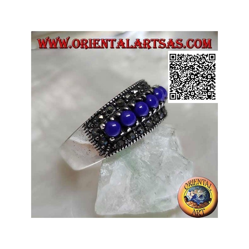 Silver ring with a row of lapis lazuli balls set surrounded by marcasite