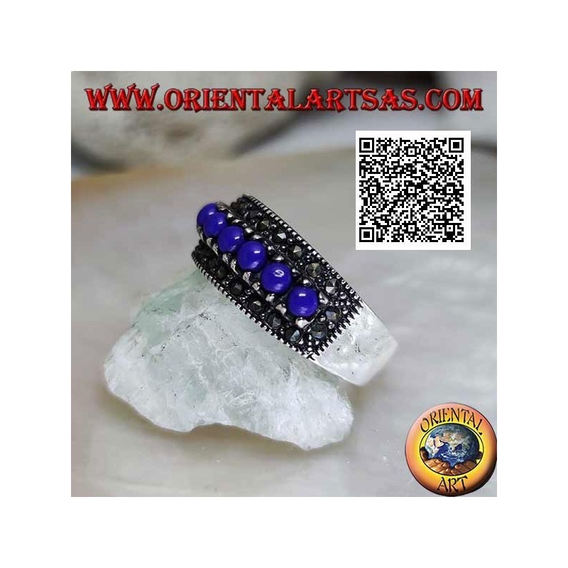 Bague en argent avec une rangée de boules de lapis lazuli entourées de marcassite