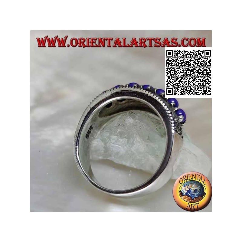 Silver ring with a row of lapis lazuli balls set surrounded by marcasite