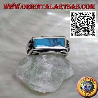 Bague rectangulaire en argent turquoise au ras du bord avec décoration lisse sur les quatre côtés