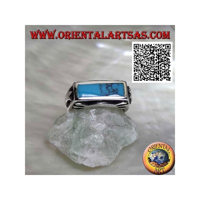 Rectangular turquoise silver ring flush with the edge with smooth decoration on all four sides