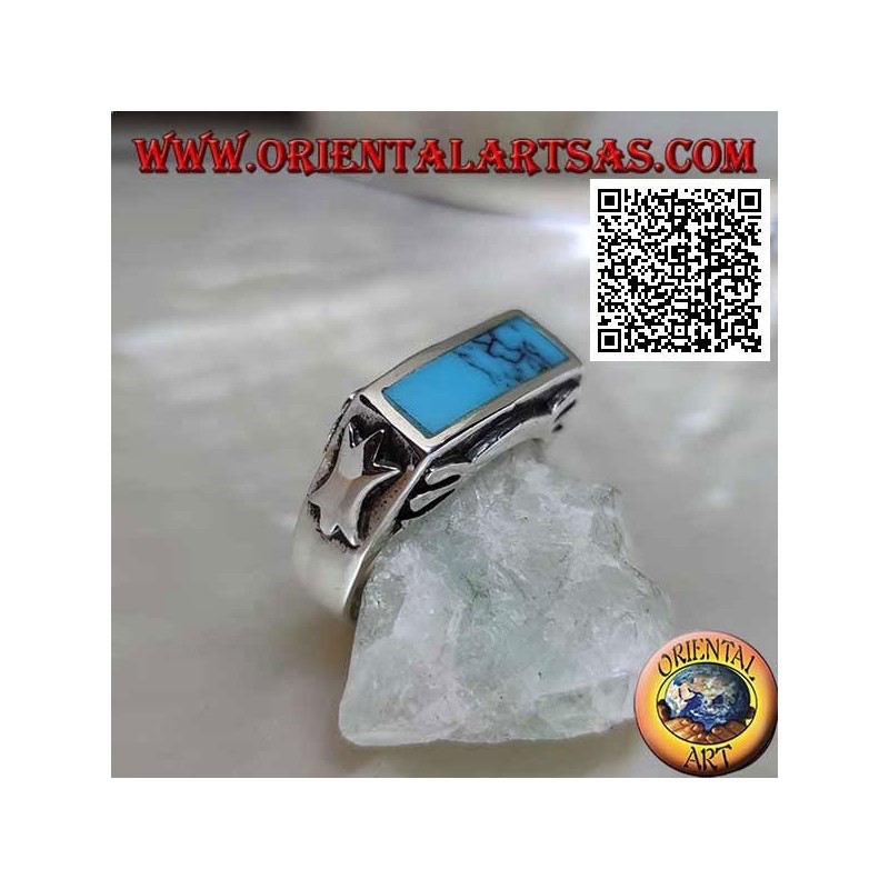 Bague rectangulaire en argent turquoise au ras du bord avec décoration lisse sur les quatre côtés